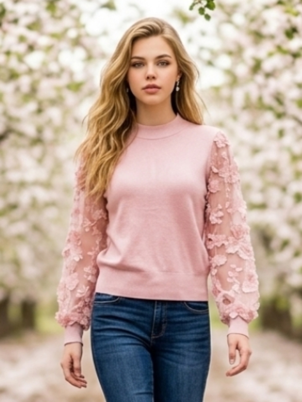 Joseph A. Pink Sweater with Lace Sleeves Size Large
